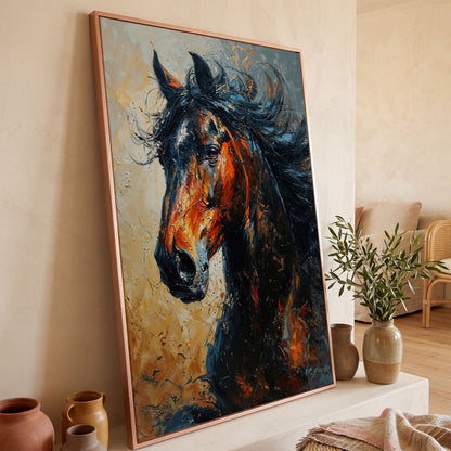 Brown Horse Portrait Canvas in rose gold floating frame