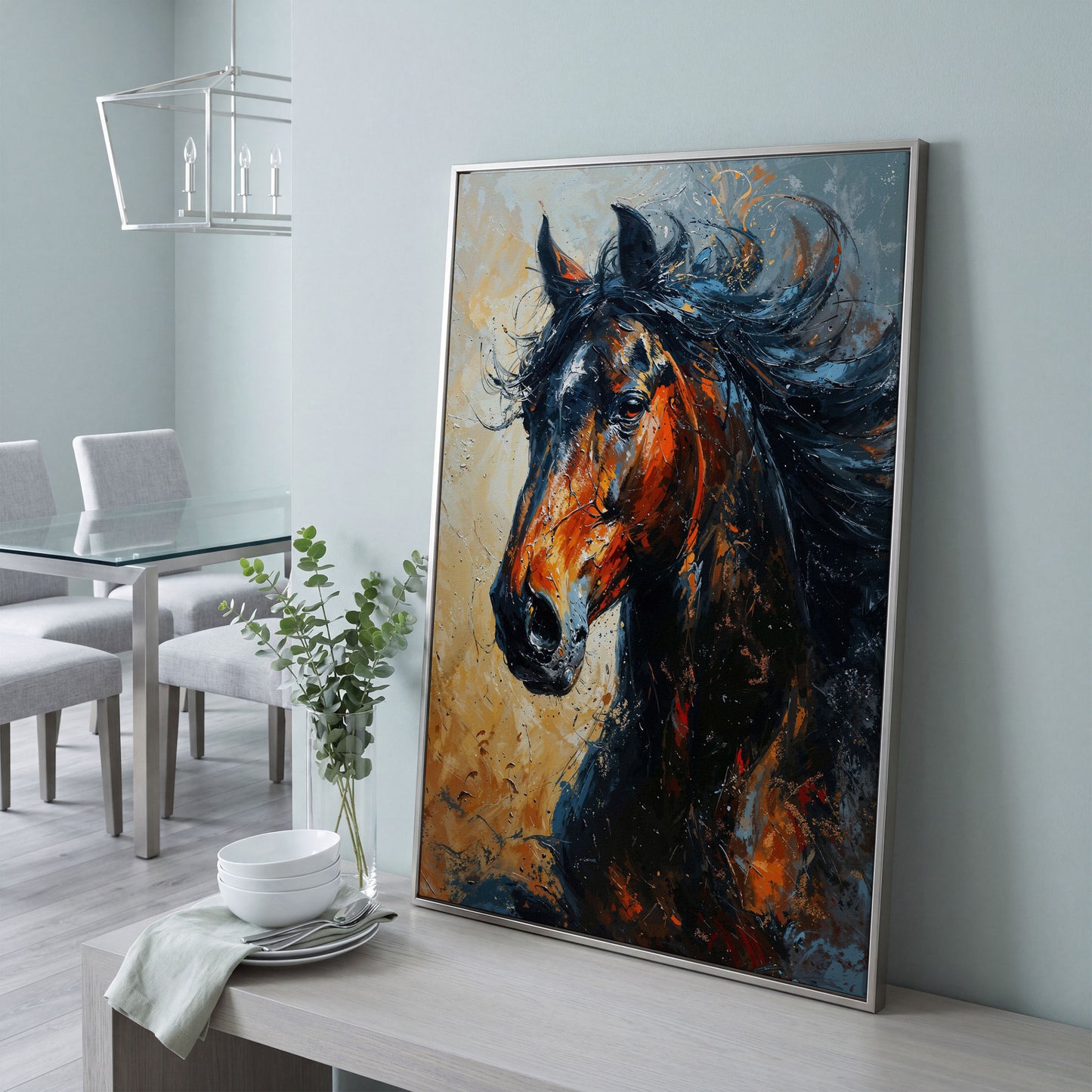 Brown Horse Portrait Canvas in silver floating frame
