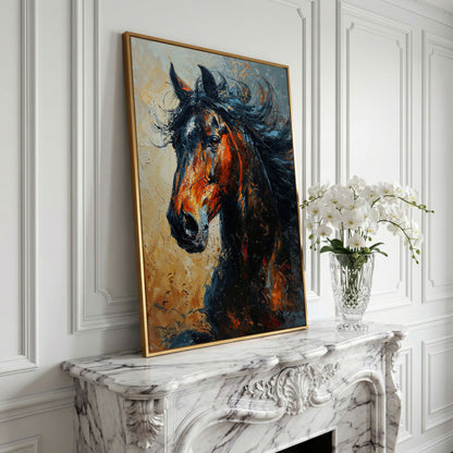 Brown Horse Portrait Canvas in yellow gold floating frame