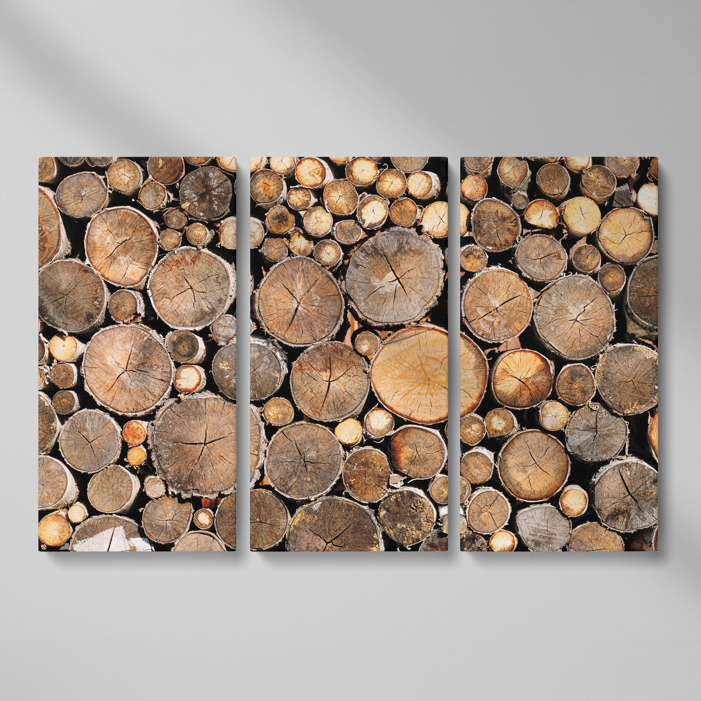 Stacked Firewood Canvas Wall Art as 3-panel split version