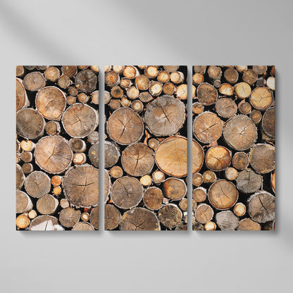 Stacked Firewood Canvas Wall Art as 3-panel split version