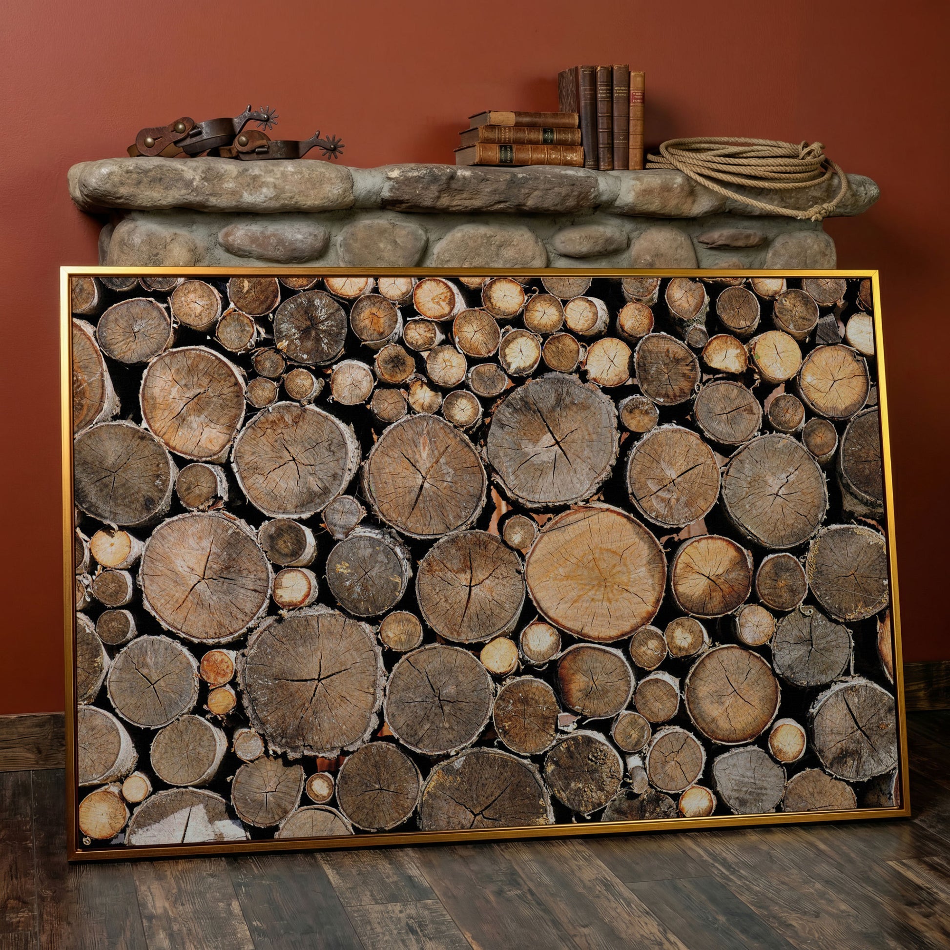 Stacked Firewood Canvas Wall Art in antique gold floating frame