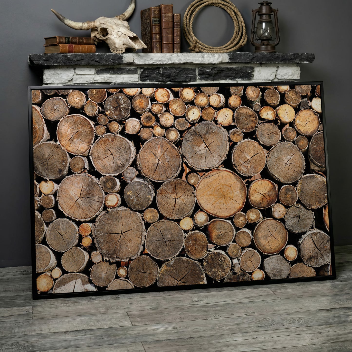 Stacked Firewood Canvas Wall Art in black floating frame