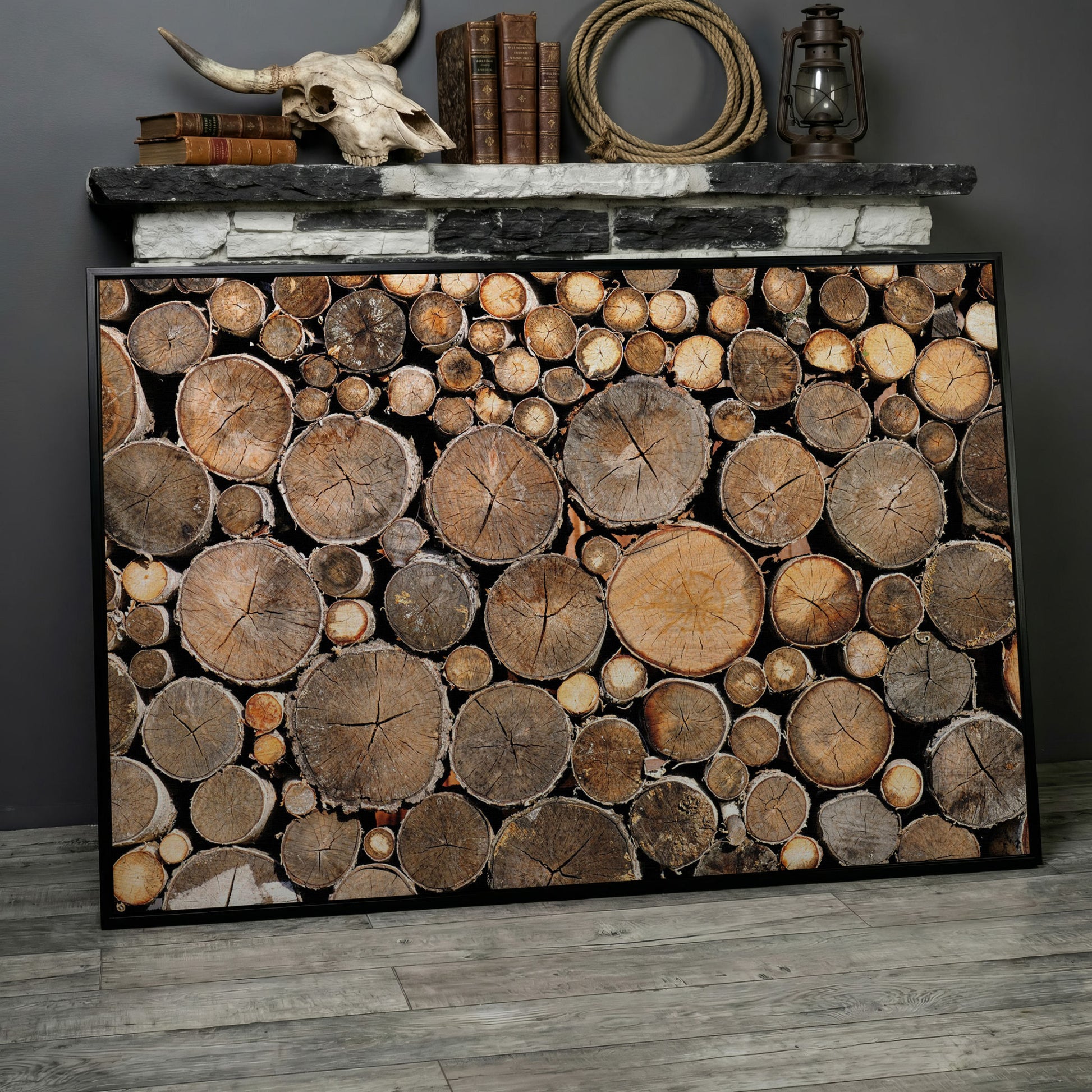 Stacked Firewood Canvas Wall Art in black floating frame