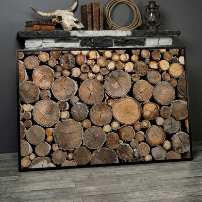 Stacked Firewood Canvas Wall Art in black floating frame