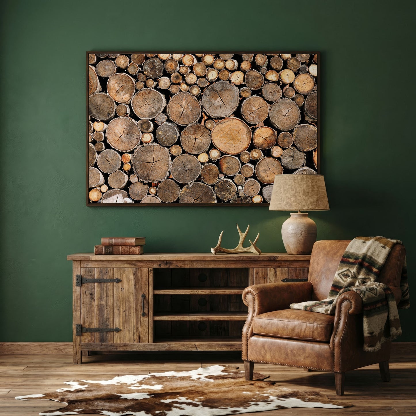 Stacked Firewood Canvas Wall Art in dark walnut floating frame