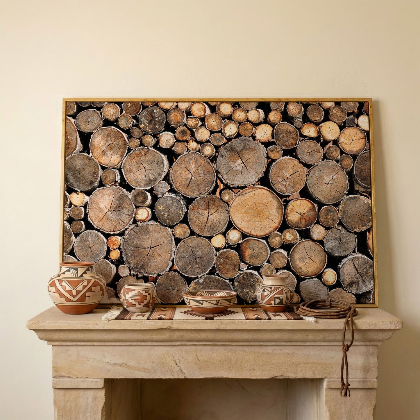 Stacked Firewood Canvas Wall Art in white oak floating frame