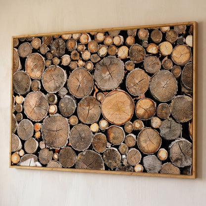 Stacked Firewood Canvas Wall Art shown in white oak floating frame