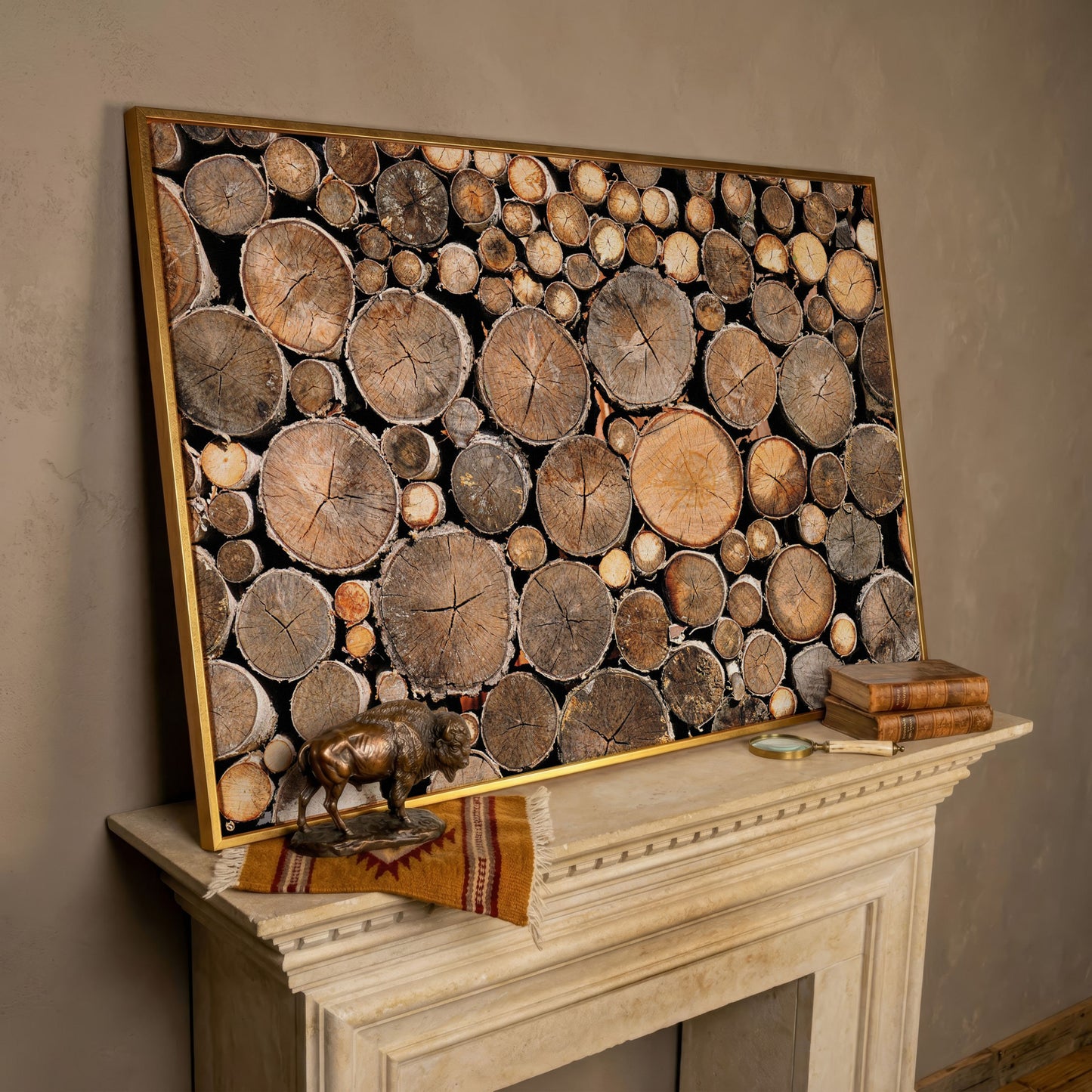Stacked Firewood Canvas Wall Art in rose gold floating frame