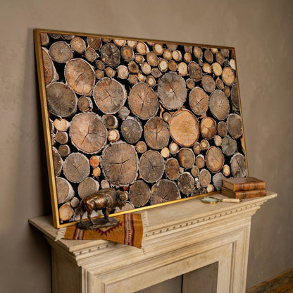Stacked Firewood Canvas Wall Art in rose gold floating frame