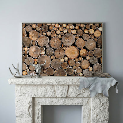 Stacked Firewood Canvas Wall Art in silver floating frame