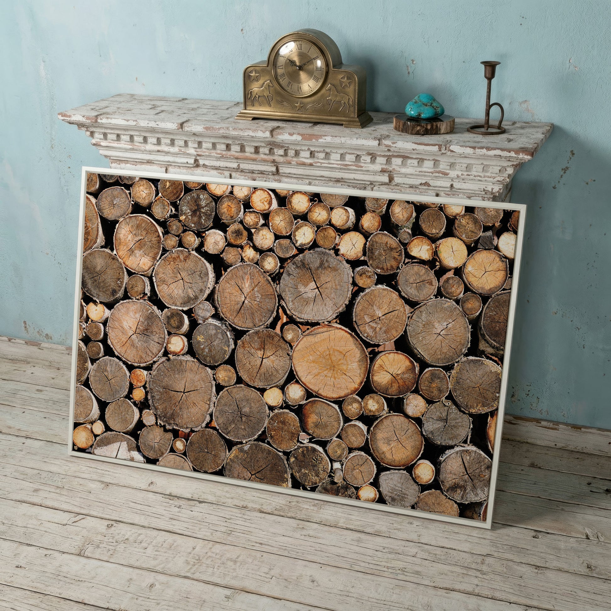 Stacked Firewood Canvas Wall Art in white floating frame