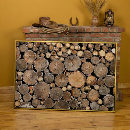 Stacked Firewood Canvas Wall Art in yellow gold floating frame
