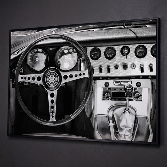 Jaguar E-Type Dashboard Canvas Wall Art shown in black floating frame