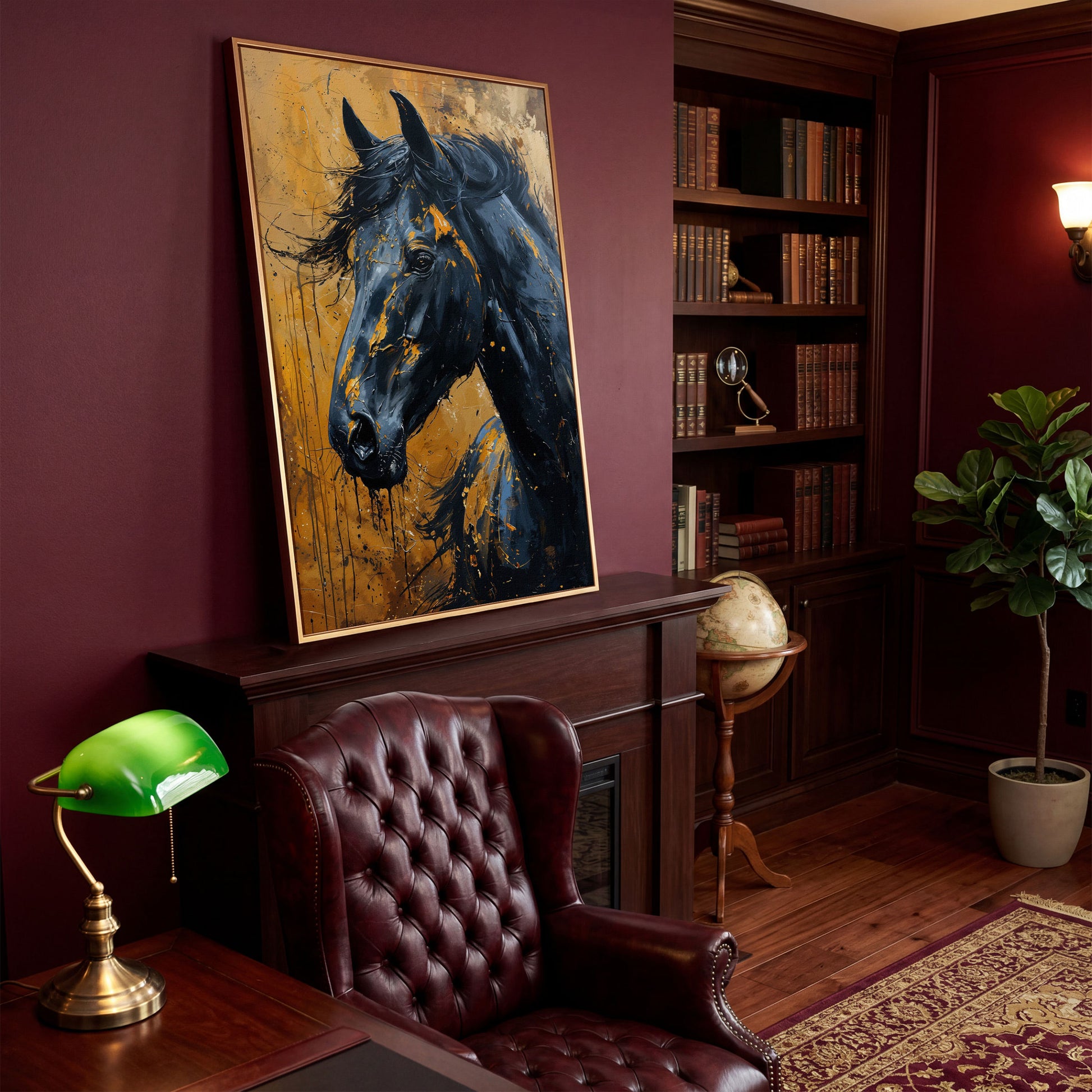 Gold & Black Horse Portrait Canvas in antique gold floating frame