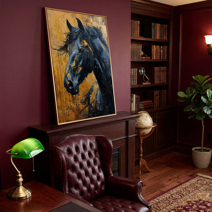 Gold & Black Horse Portrait Canvas in antique gold floating frame