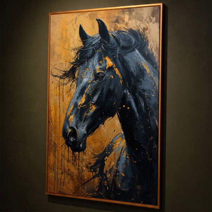 Gold & Black Horse Portrait Canvas shown in antique gold floating frame