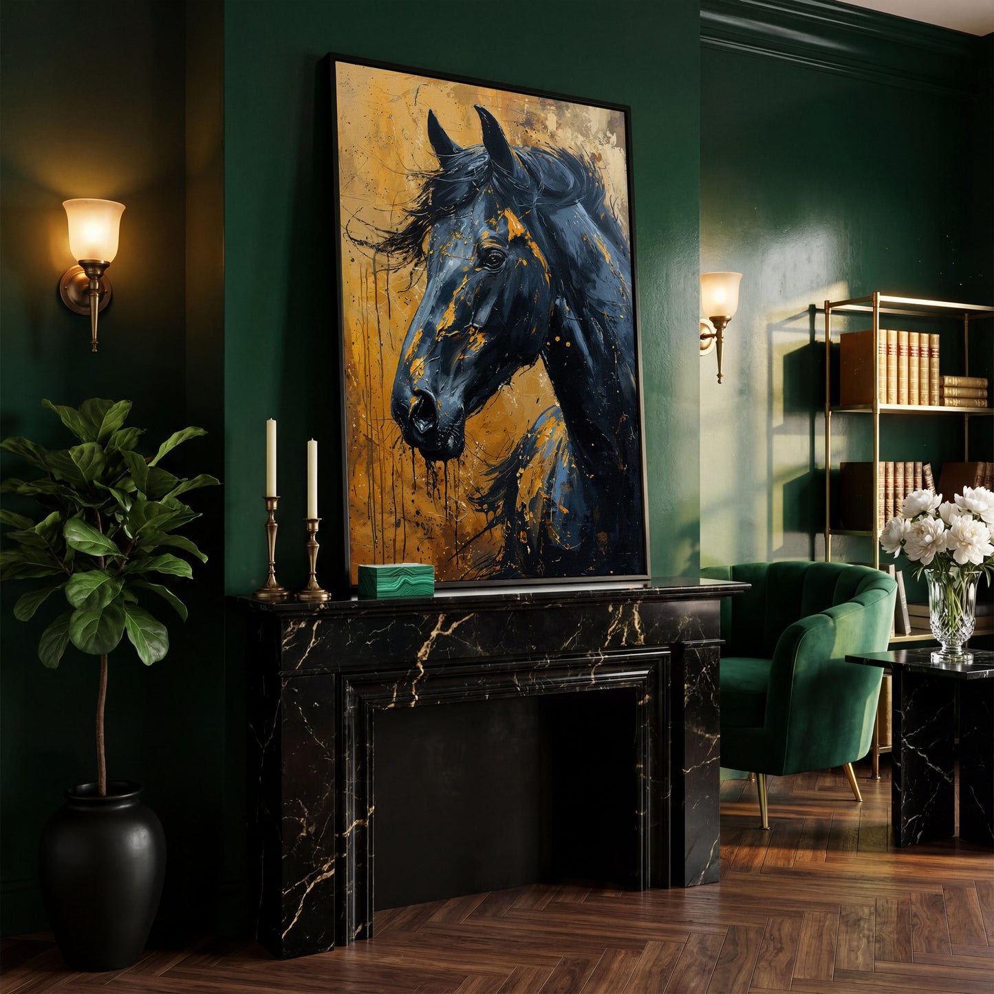 Gold & Black Horse Portrait Canvas in black floating frame
