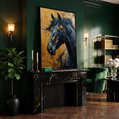 Gold & Black Horse Portrait Canvas in black floating frame
