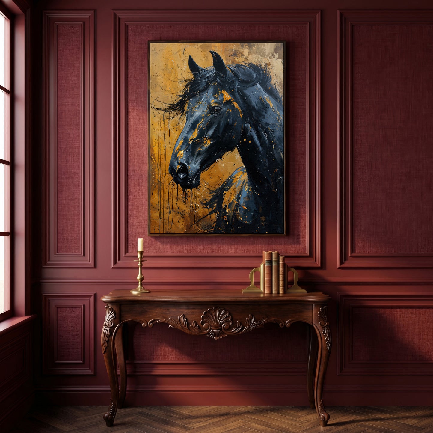 Gold & Black Horse Portrait Canvas in dark walnut floating frame