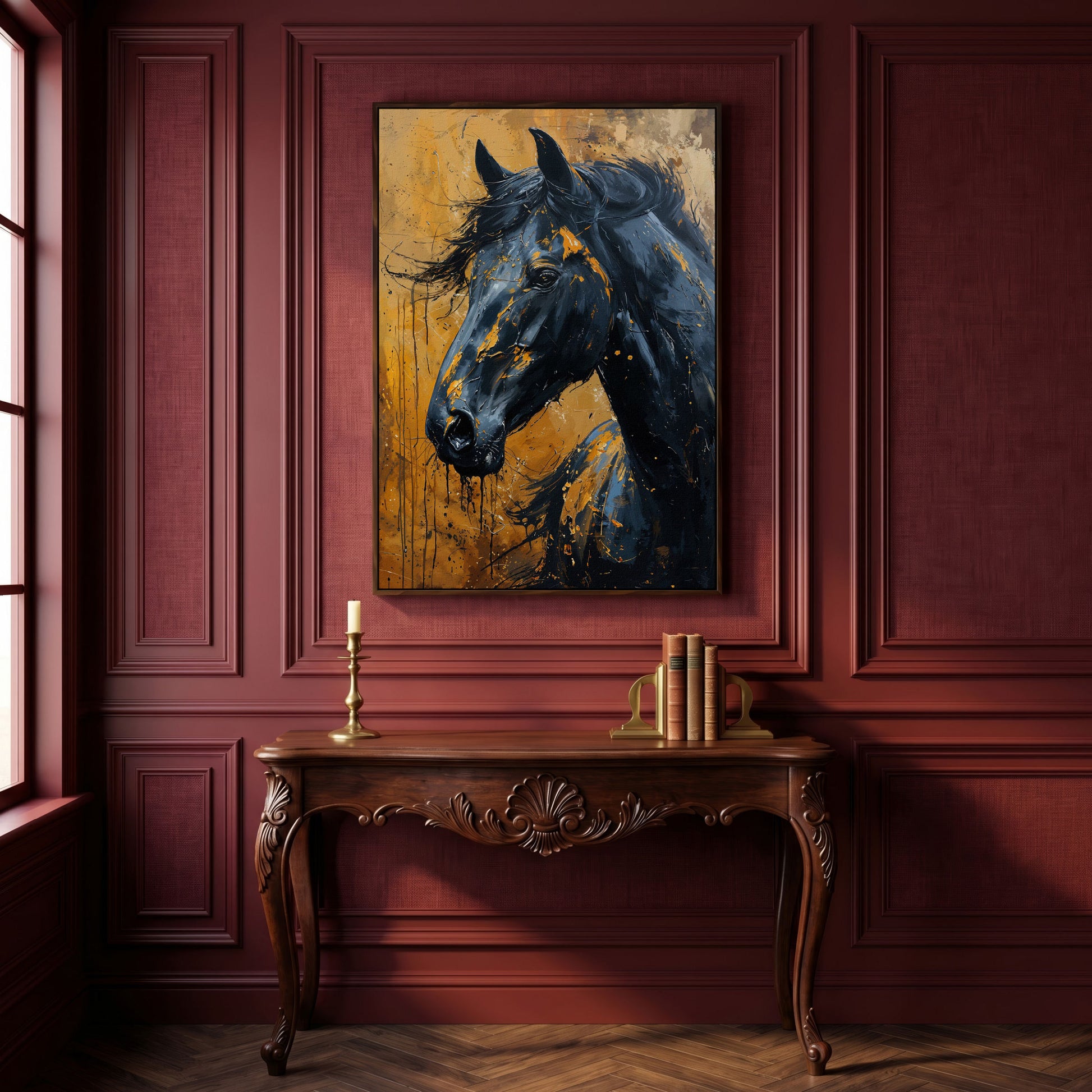 Gold & Black Horse Portrait Canvas in dark walnut floating frame