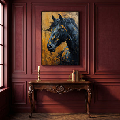 Gold & Black Horse Portrait Canvas in dark walnut floating frame