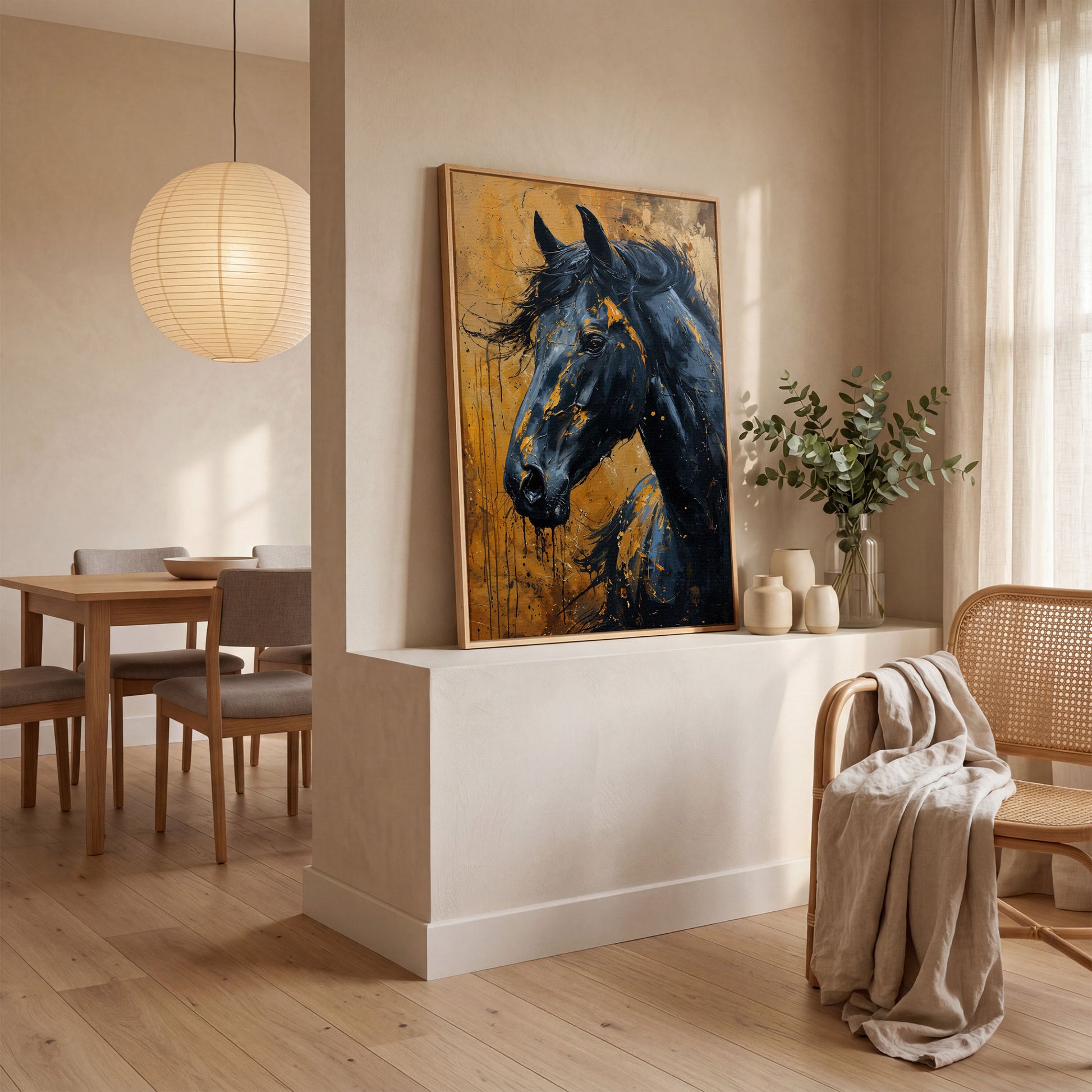 Gold & Black Horse Portrait Canvas in white oak floating frame