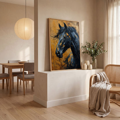 Gold & Black Horse Portrait Canvas in white oak floating frame