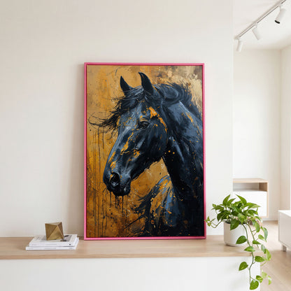 Gold & Black Horse Portrait Canvas in pink floating frame