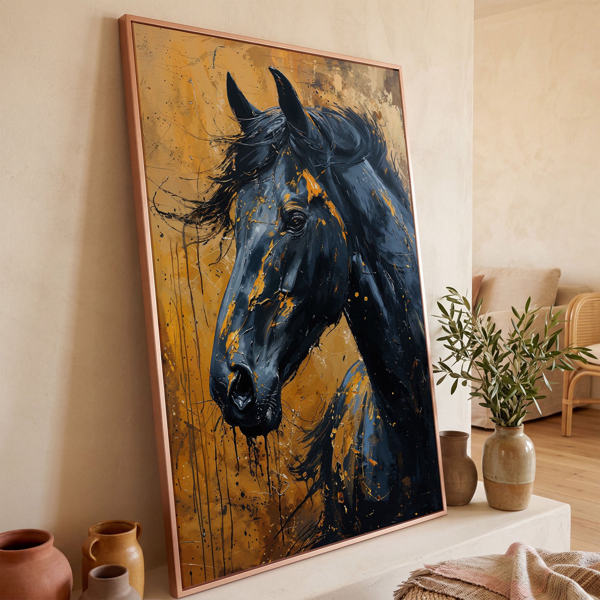 Gold & Black Horse Portrait Canvas in rose gold floating frame