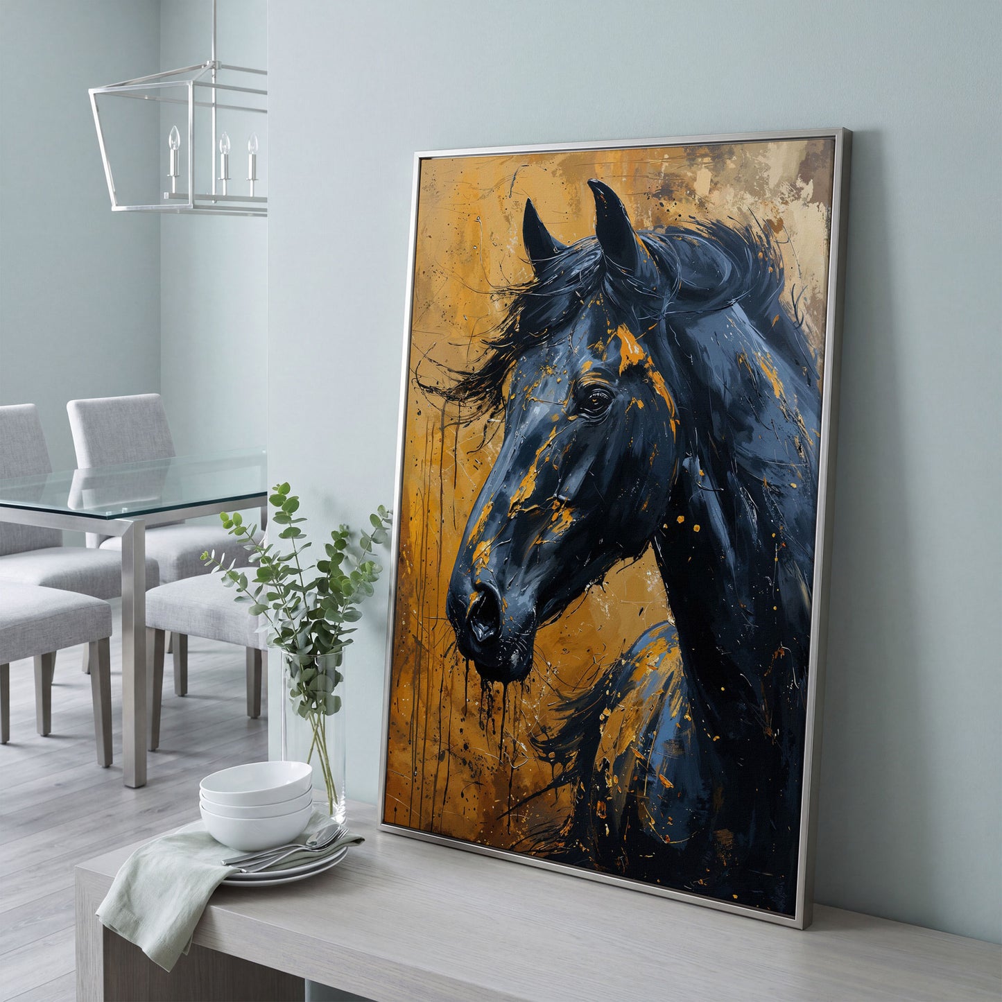 Gold & Black Horse Portrait Canvas in silver floating frame