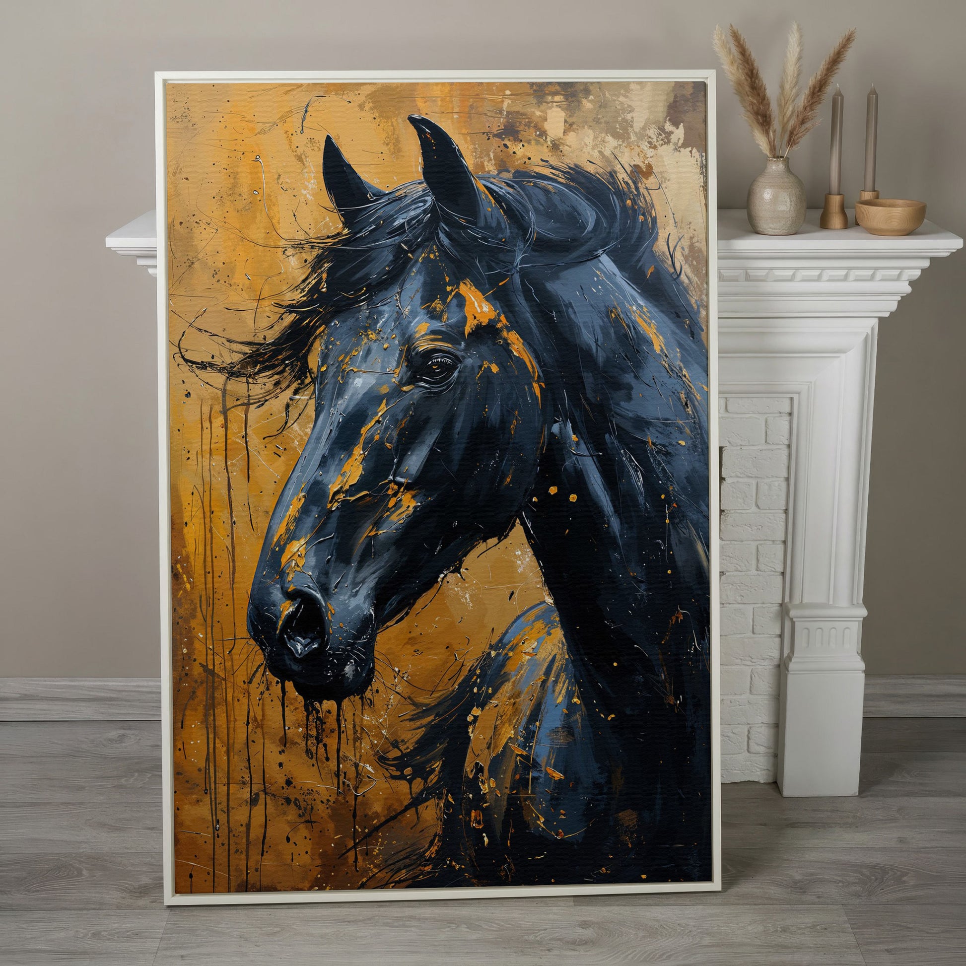Gold & Black Horse Portrait Canvas in white floating frame