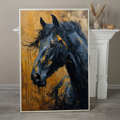 Gold & Black Horse Portrait Canvas in white floating frame