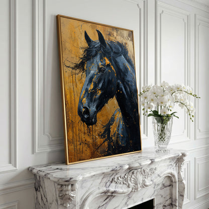Gold & Black Horse Portrait Canvas in yellow gold floating frame