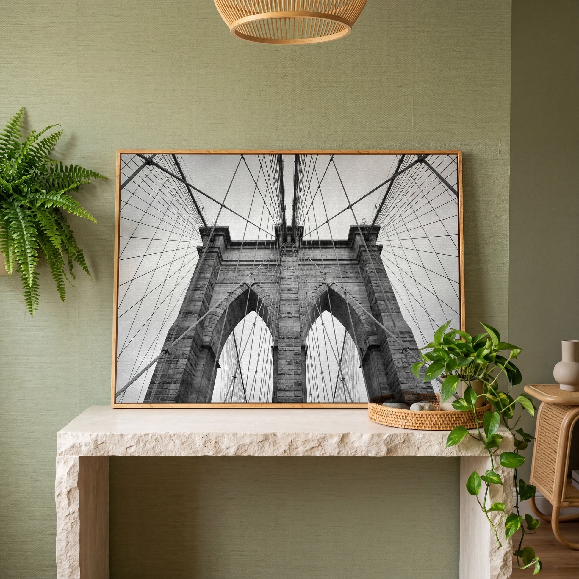 Brooklyn Bridge Architecture Canvas Print in white oak floating frame