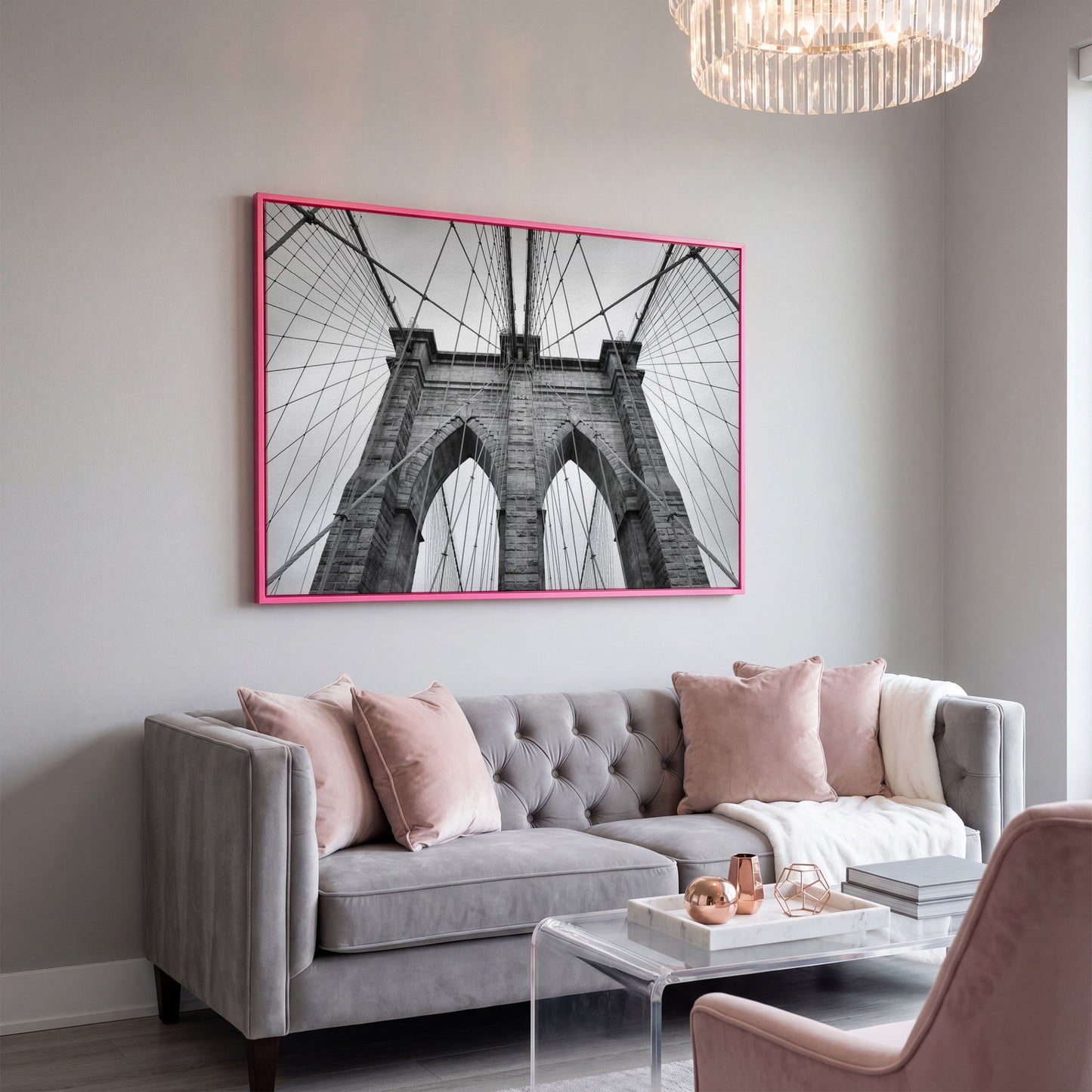 Brooklyn Bridge Architecture Canvas Print in pink floating frame