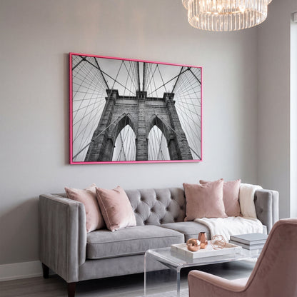 Brooklyn Bridge Architecture Canvas Print in pink floating frame