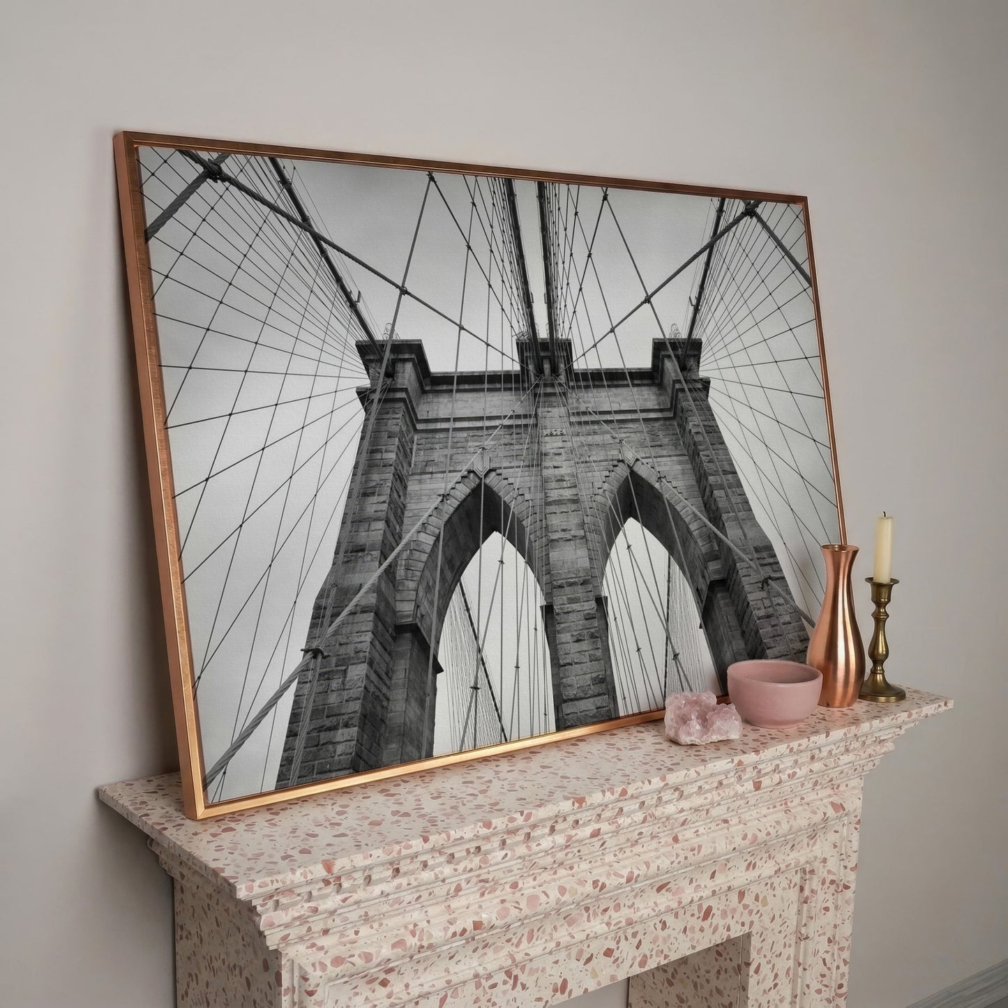 Brooklyn Bridge Architecture Canvas Print in rose gold floating frame