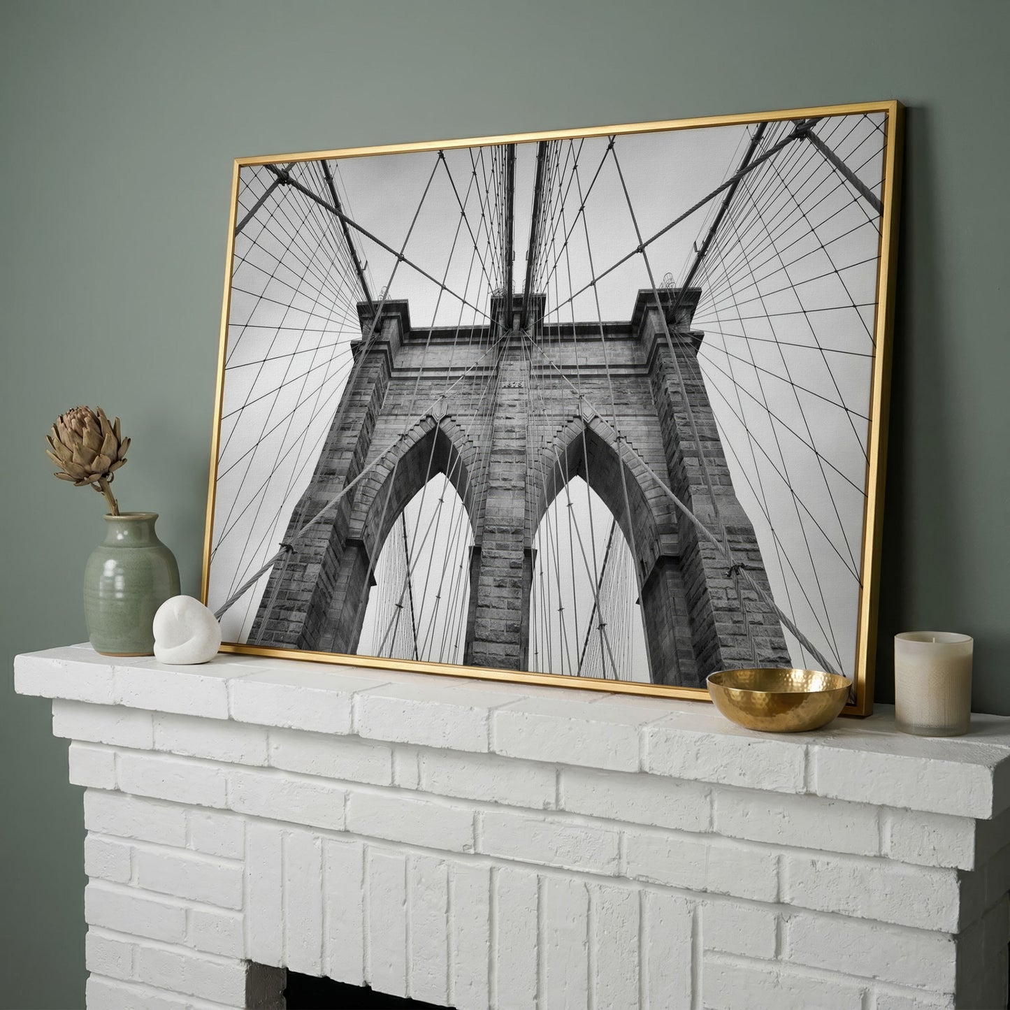 Brooklyn Bridge Architecture Canvas Print in yellow gold floating frame