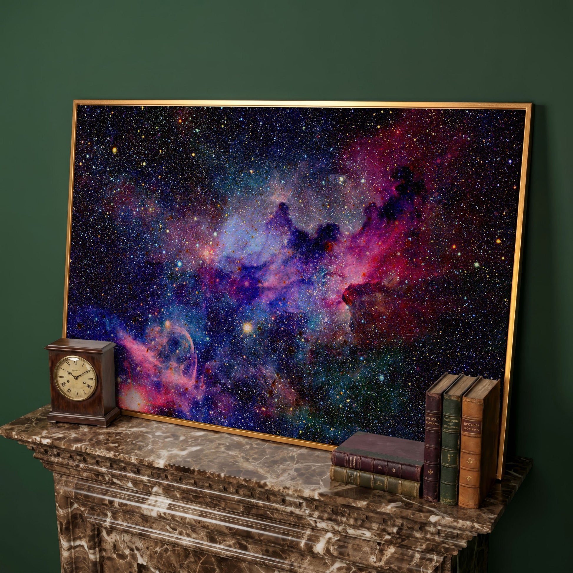 Nebula and Galaxies Canvas Wall Art in antique gold floating frame