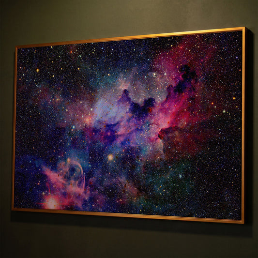 Nebula and Galaxies Canvas Wall Art shown in antique gold floating frame