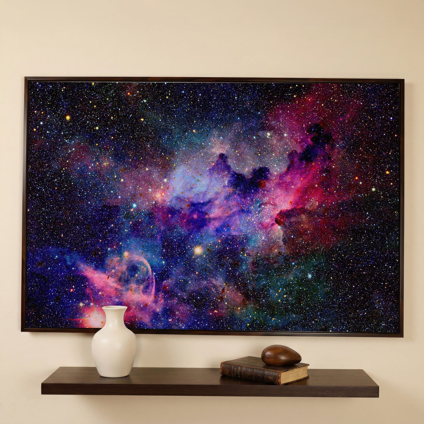 Nebula and Galaxies Canvas Wall Art in dark walnut floating frame