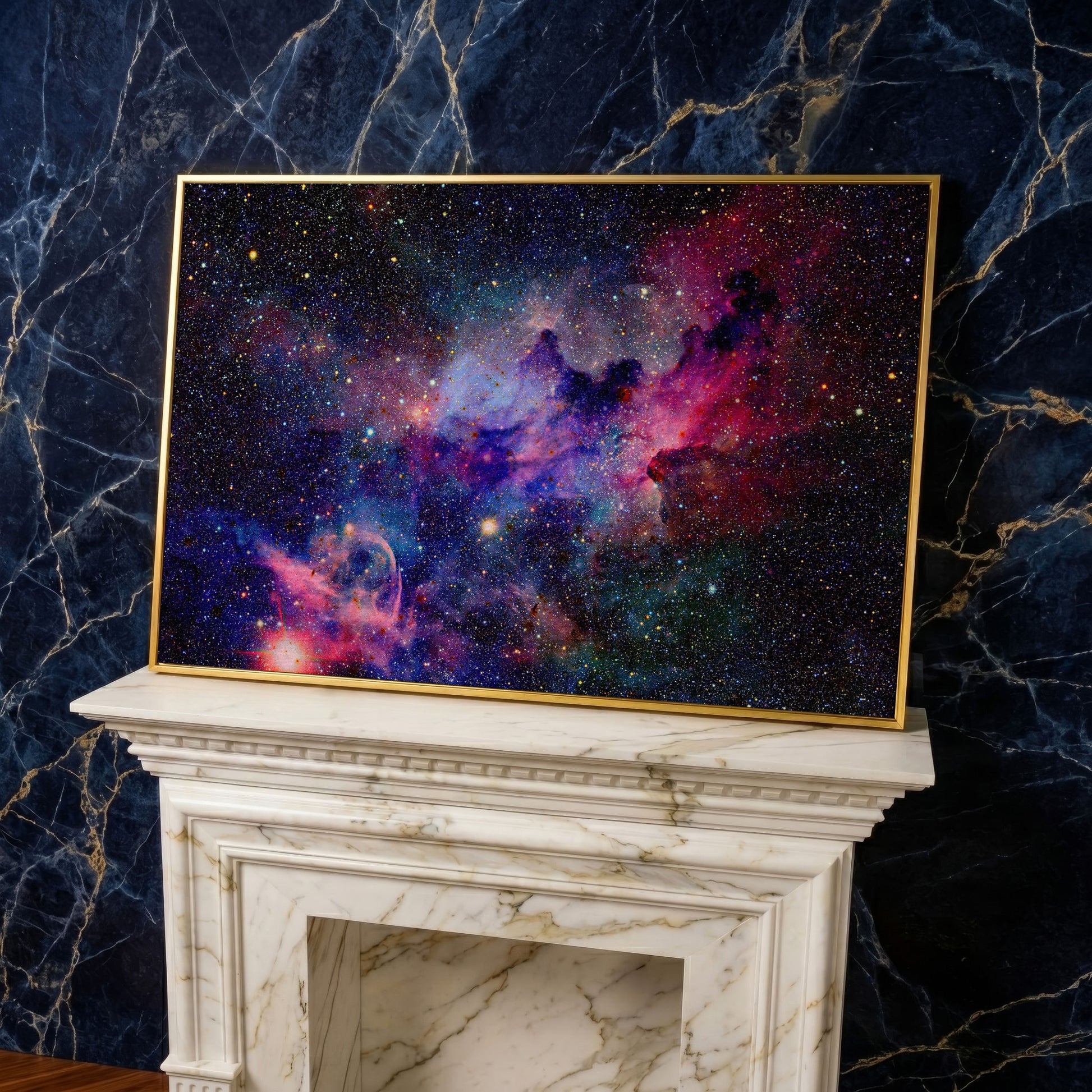Nebula and Galaxies Canvas Wall Art in yellow gold floating frame