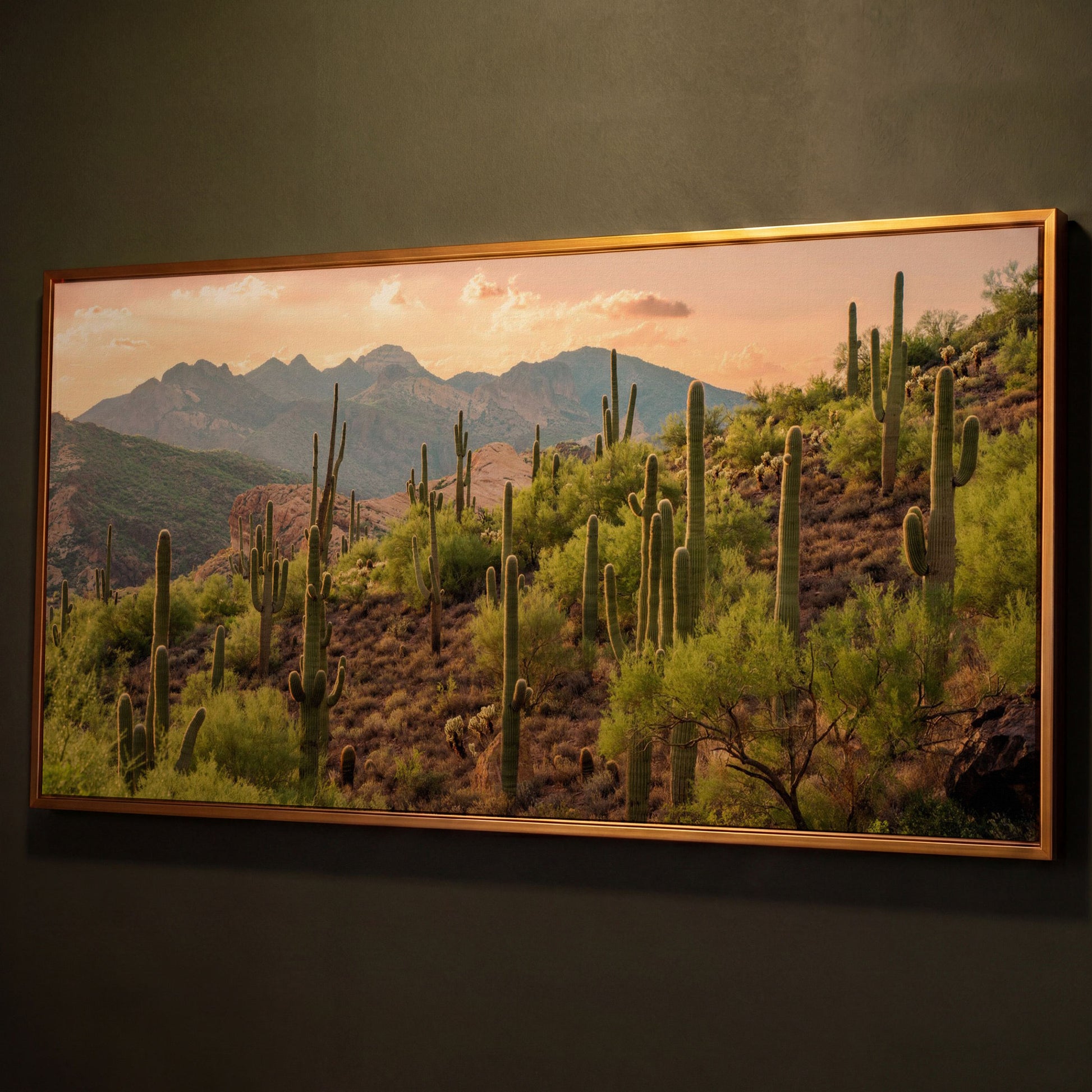Bulldog Canyon Desert Cactus Canvas shown in antique gold floating frame