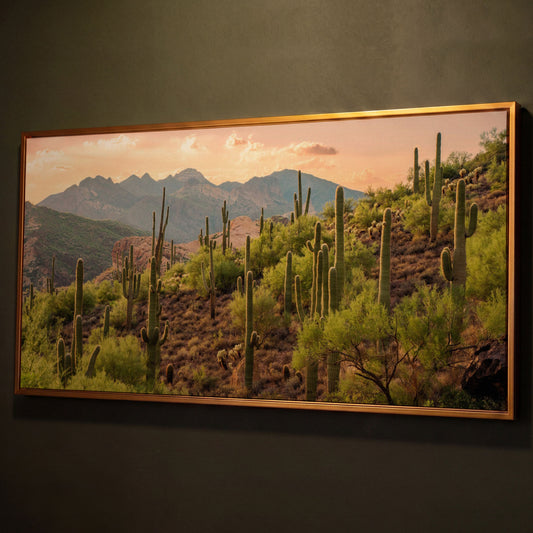 Bulldog Canyon Desert Cactus Canvas shown in antique gold floating frame