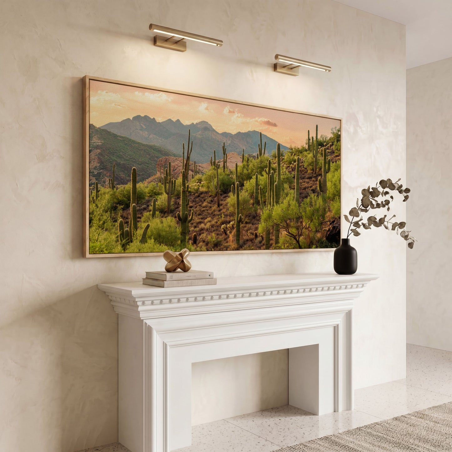 Bulldog Canyon Desert Cactus Canvas in white oak floating frame