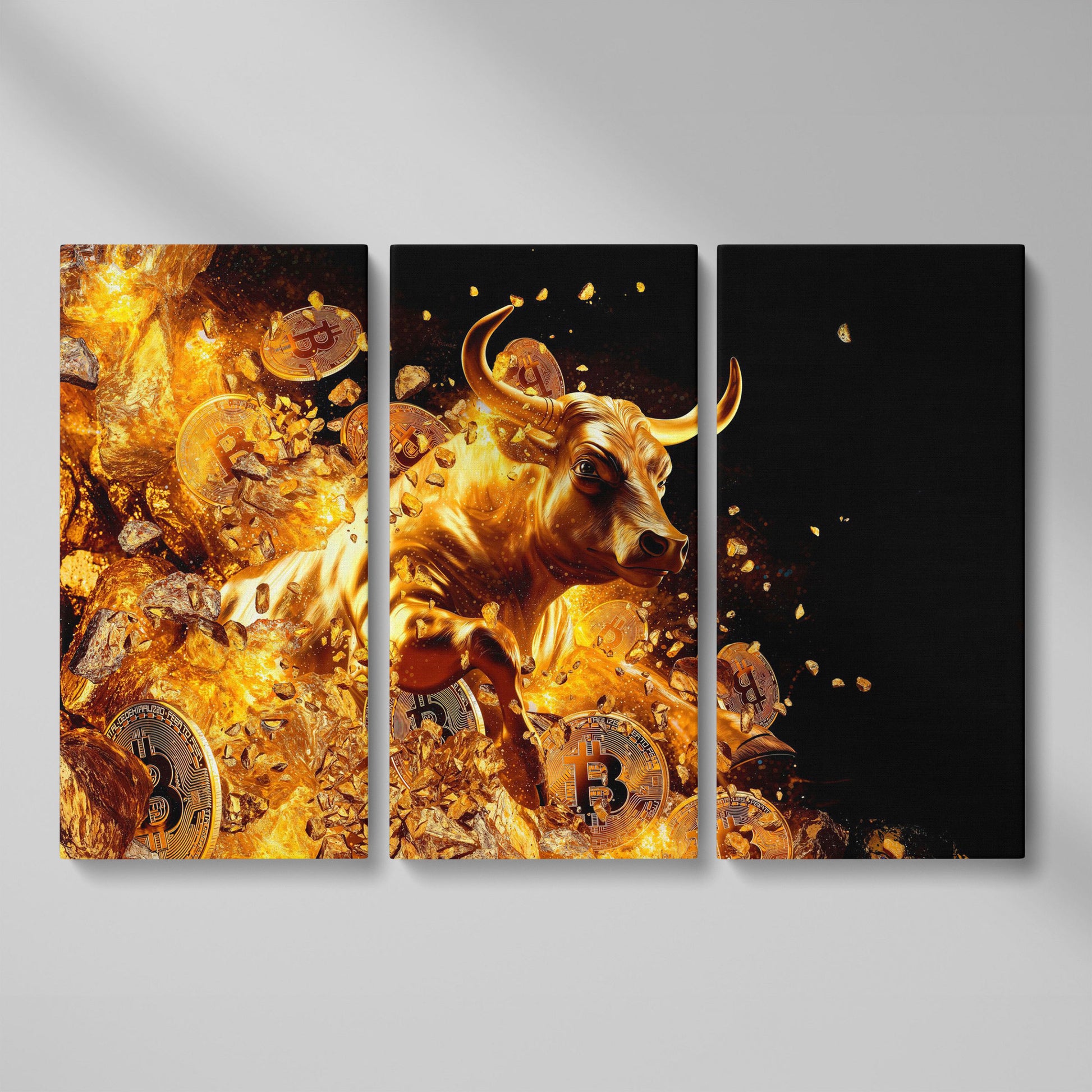 Gold Bull with Bitcoin Canvas Art as 3-panel split version