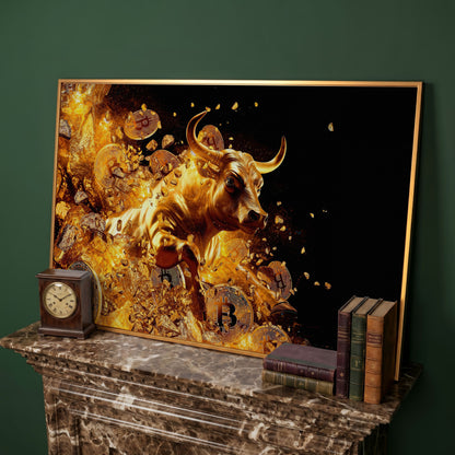 Gold Bull with Bitcoin Canvas Art in antique gold floating frame