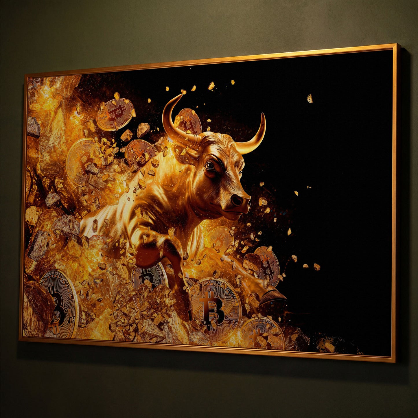 Gold Bull with Bitcoin Canvas Art shown in antique gold floating frame