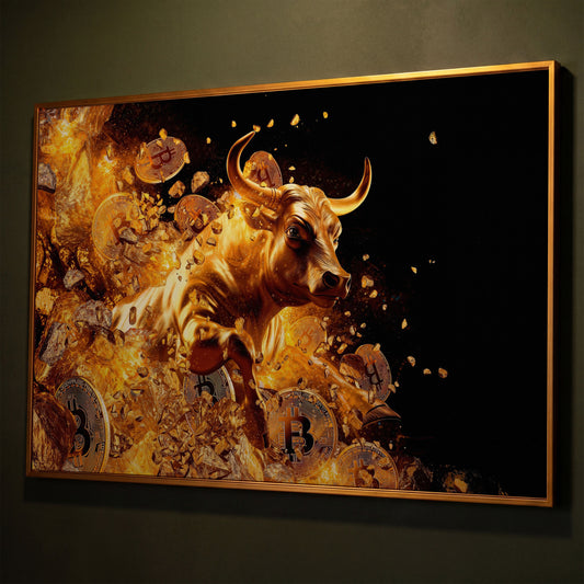 Gold Bull with Bitcoin Canvas Art shown in antique gold floating frame